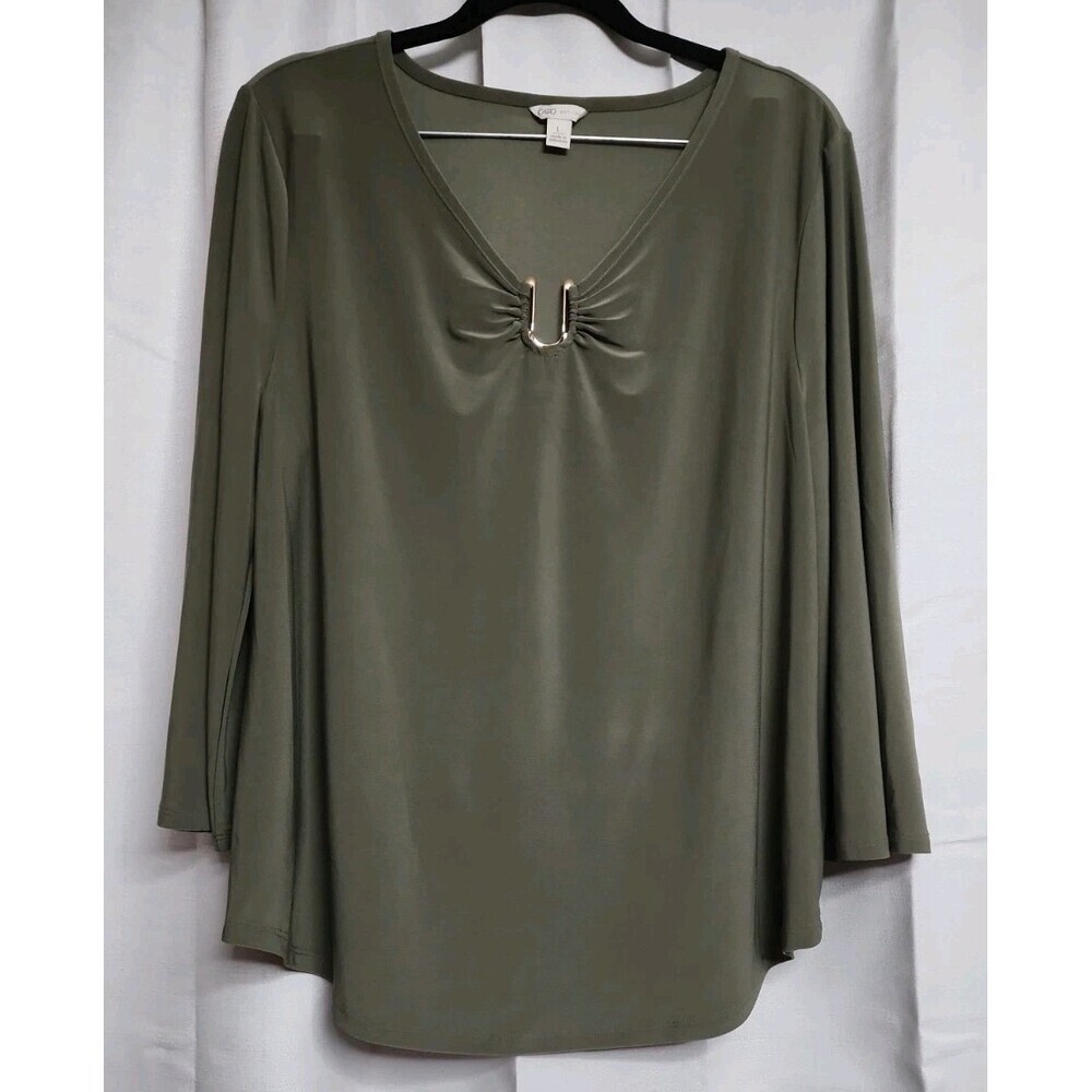 Cato Women's Size Large Olive Green Design On Blouse Relaxed Bell Sleeve